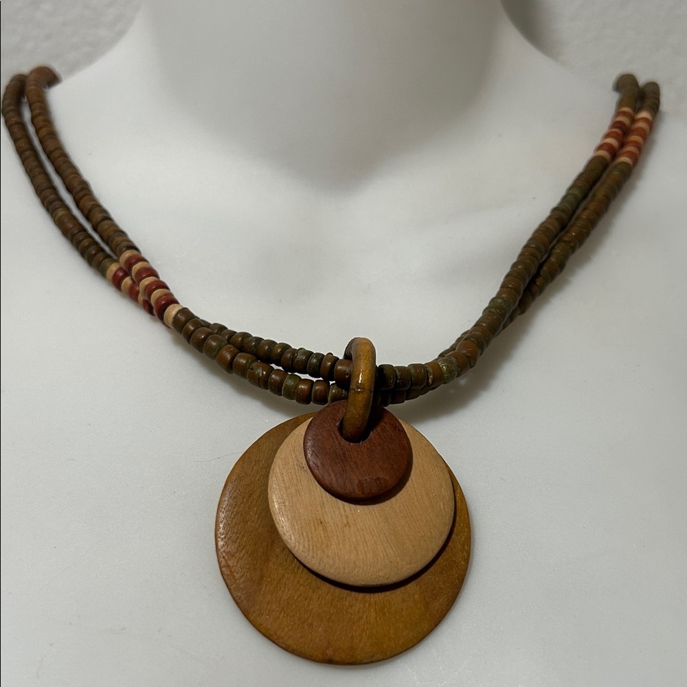 Wooden Beaded Necklace with Circular Pendants